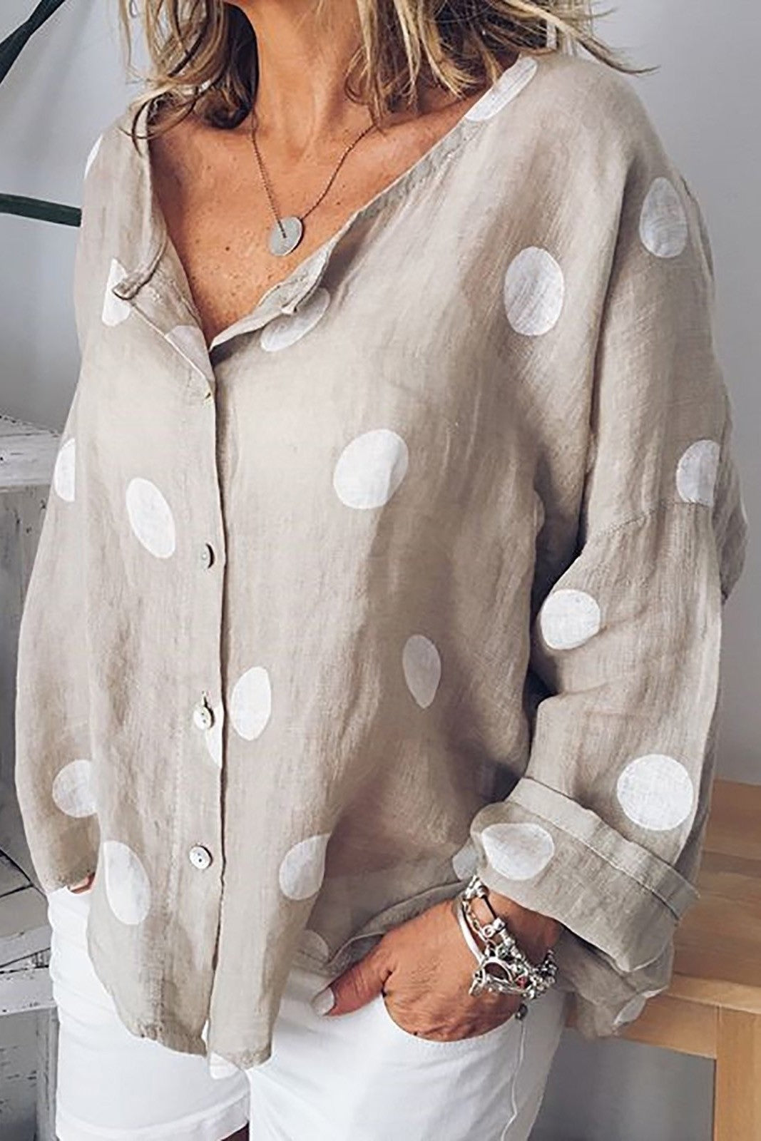 Polka Dot Print Buttons O-neck Long Sleeves Blouse