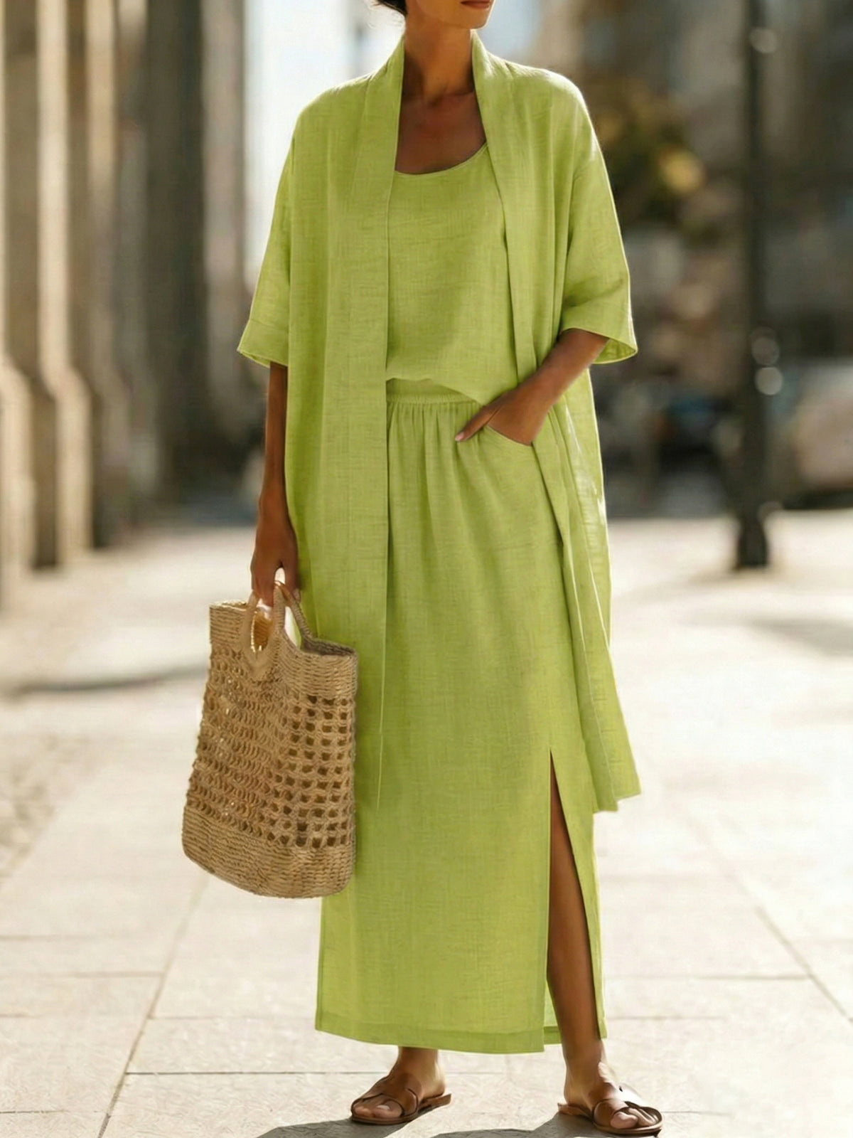 Elegant Minimalist Linen Cotton Three-piece Set - Cozy Daily Outfit