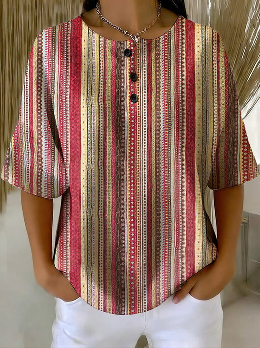 Women's Vintage Stripe Pattern Printed Casual Cotton Waffle Knit Sweatshirt