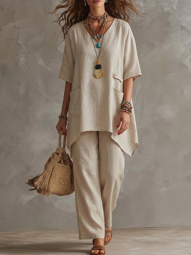 Casual Linen And Cotton Two-piece Top And Pants Set