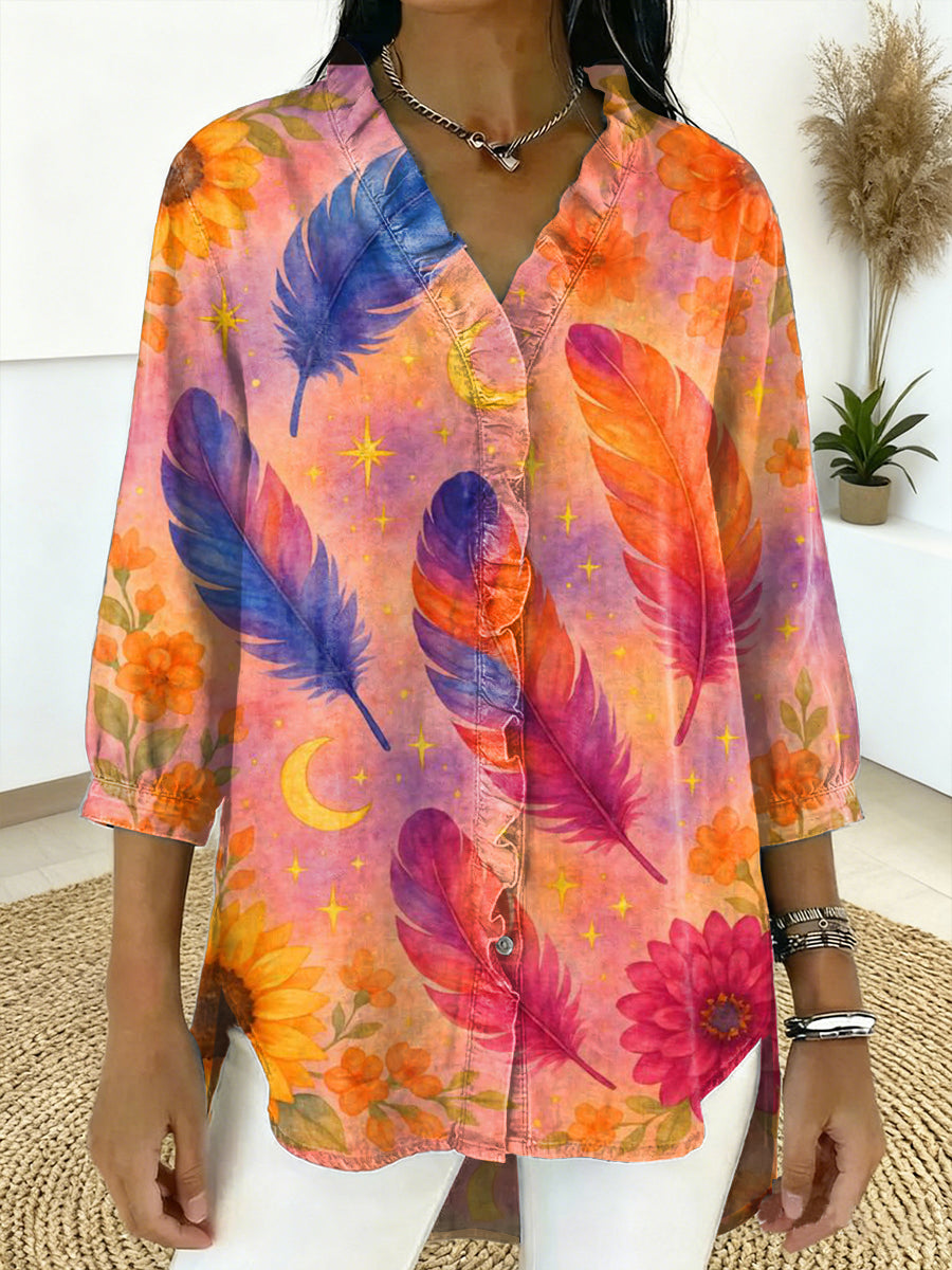 Women's Vintage Feather Print Casual Ruffled Shirt