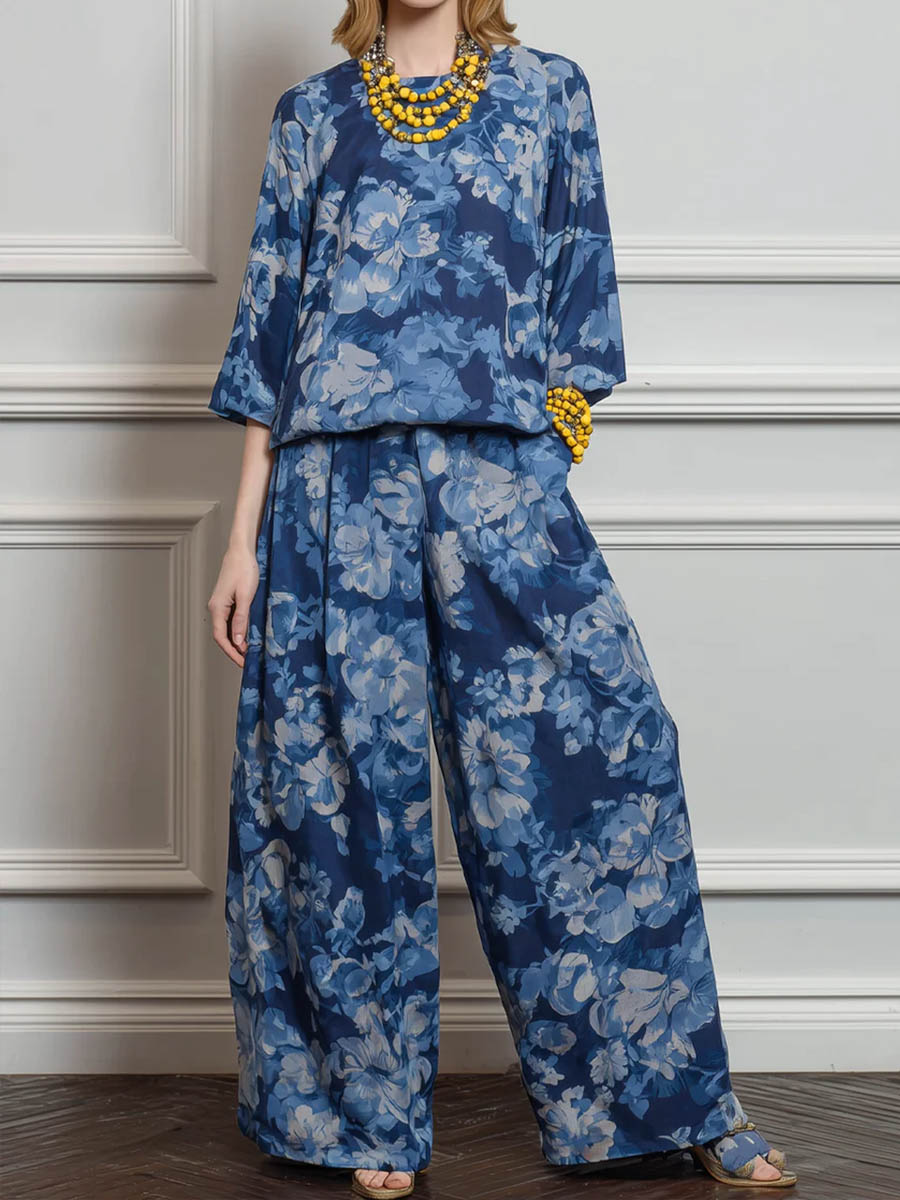 Women's Loose-fit Cotton-linen Top & High-waisted Wide-leg Pants Set