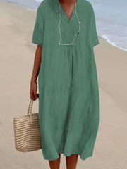 Women's Solid Color Cotton And Linen Short Sleeve Dress
