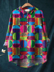 Colorful Geometric Circle Pattern Printed Women's Casual Cotton And Linen Shirt