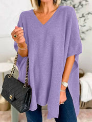 Women's Bat Sleeve Solid Color V-Neck Pullover Poncho Sweater