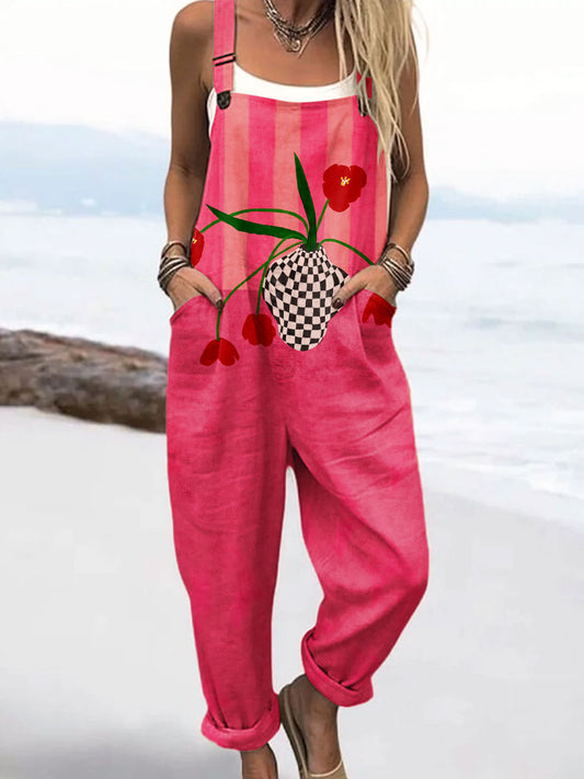Women's Vintage Floral Art Print Casual Cotton Wide Leg Jumpsuit