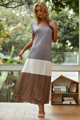 Stripe Patchwork V-neck Short Sleeves Maxi Dress