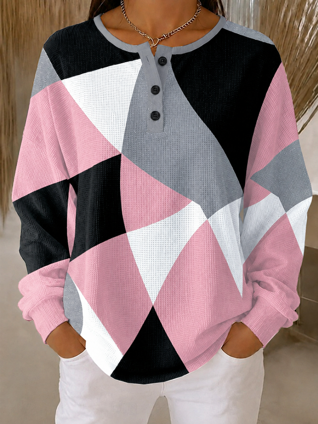 Vintage Abstract Graphic Henley Collar Long Sleeve Sweatshirt