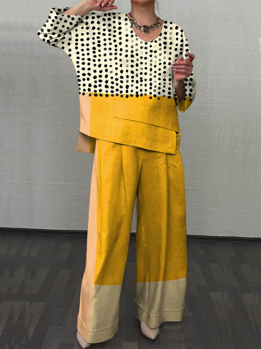 Women's Abstract Geometric Dot Pattern Art Print Casual Cotton And Linen Two-piece Sets