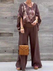 Women's Abstract Print Cotton Linen Set: V-neck Top & Wide Leg Pants