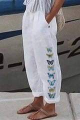 Solid Color Loose Embroidery Butterfly Casual Pants with Pockets