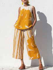Casual Artistic Print Cotton-linen Two-piece Set: Top & Cropped Pants