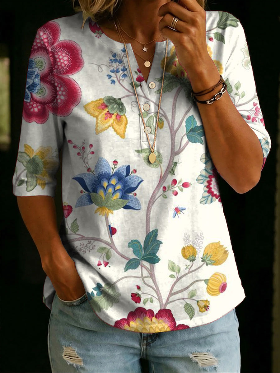 Women’s Floral Pattern Art Casual Classic Henley Collar Cotton T-shirt