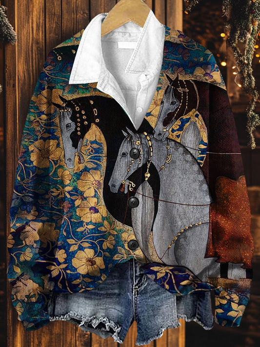 Vintage Horse Art Print Button V Neck Cardigan Sweater