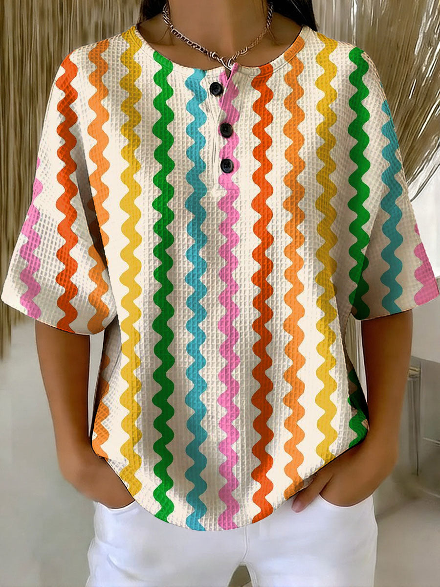 Women's Vintage Geometry Pattern Printed Casual Cotton Waffle Knit Sweatshirt