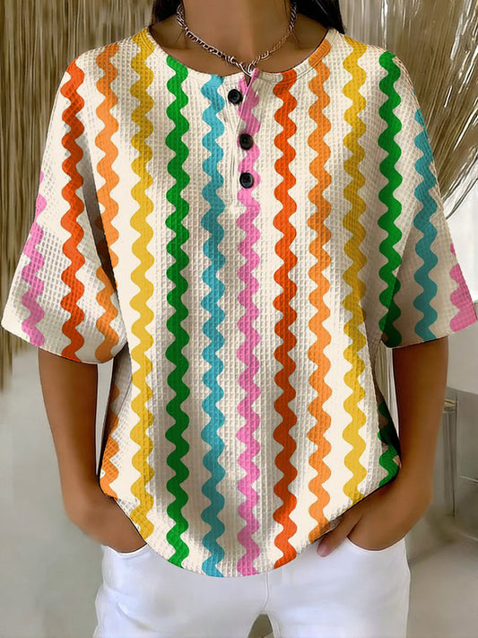 Women's Vintage Geometry Pattern Printed Casual Cotton Waffle Knit Sweatshirt