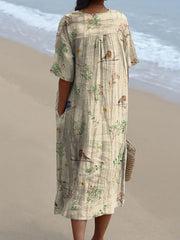 Women's Boughs And Robin Birds Pattern Printed Flowy Dress