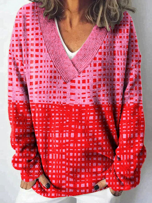Vintage Abstract Vibrant Bold Fun Colorful Geometric Stripes Art Print Knit V-neck Pullover Sweater