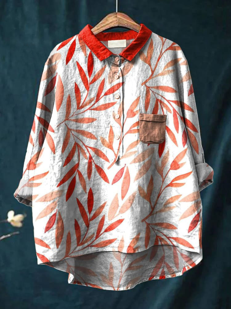 Decorative Pattern of Slender Leaves In Red Tones Casual Cotton And Linen Shirt