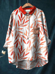 Decorative Pattern of Slender Leaves In Red Tones Casual Cotton And Linen Shirt