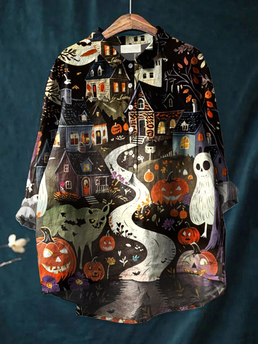 Women's Halloween  Ghost Art Print Casual Cotton And Linen Shirt