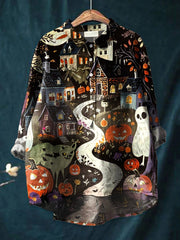 Women's Halloween  Ghost Art Print Casual Cotton And Linen Shirt