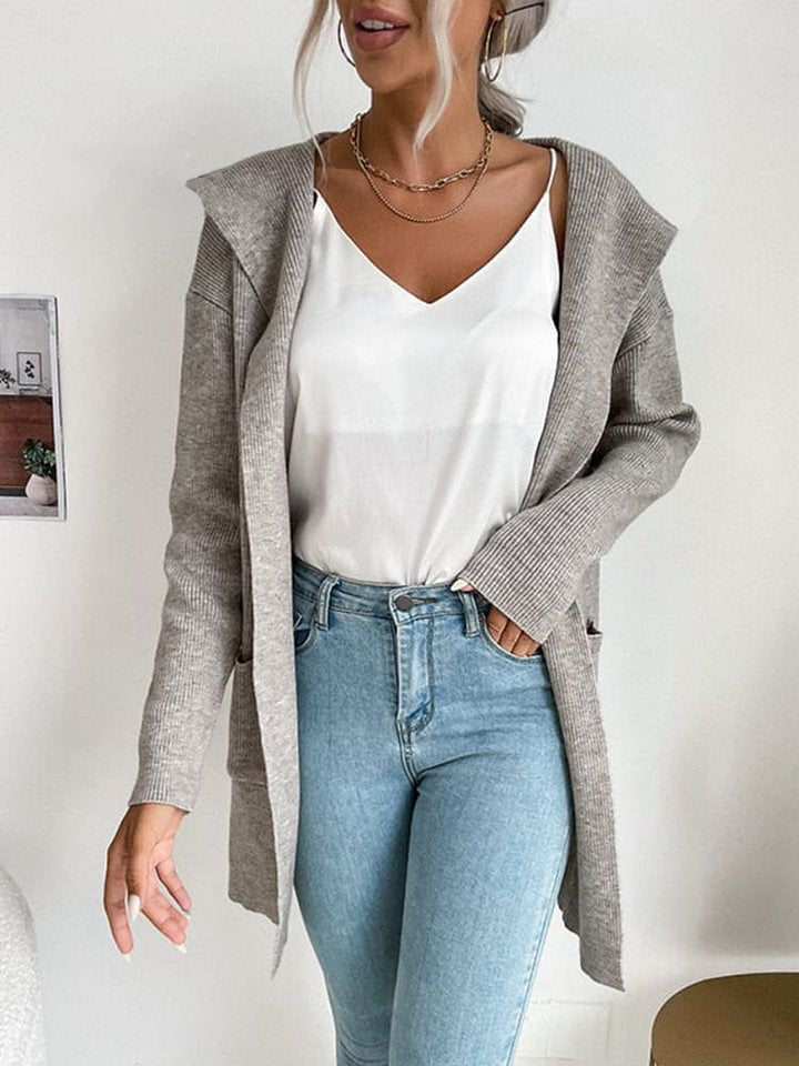 Autumn and Winter Women's Hooded Pit Knitted Sweater Cardigan Jacket