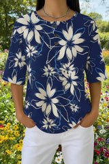 Womens Navy White Hibiscus Print Casual Waffle Cotton Shirt