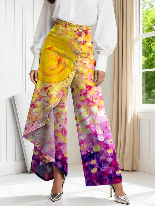 Women's Vintage Colorful Art Print High-waisted Relaxed Fit Wide-leg Jeans With A Stylish Design