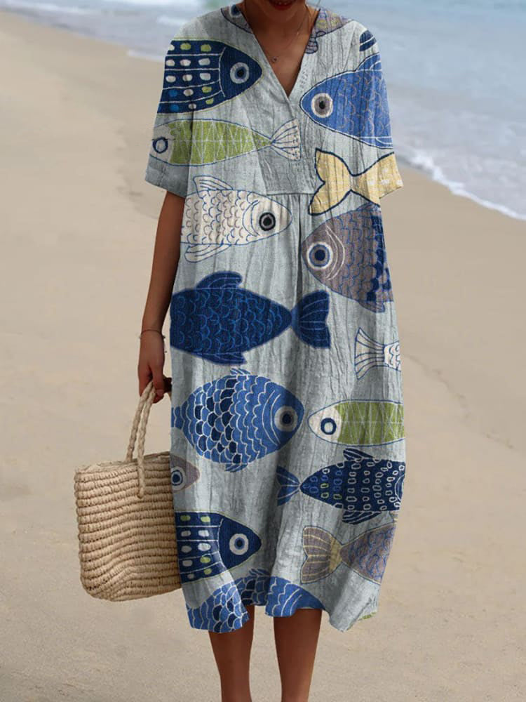 Women's Vintage Lovely Fish Art Print Flowy Dress