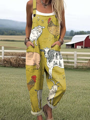 Women's Funny Animals Pattern Art Print Casual Cotton Wide Leg Jumpsuit