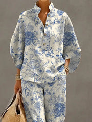 Women's Retro Floral Art Print Casual 3/4 Sleeve Top And Pants Cotton Linen Suits