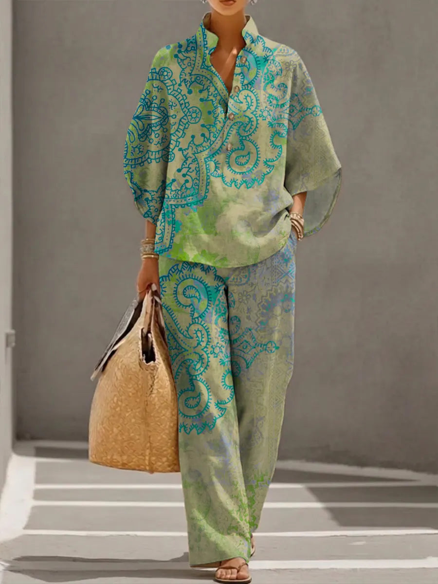 Women's Retro Floral Art Print Casual 3/4 Sleeve Top And Pants Cotton Linen Suits