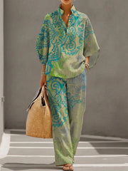 Women's Retro Floral Art Print Casual 3/4 Sleeve Top And Pants Cotton Linen Suits