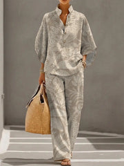 Women's Retro Floral Art Print Casual 3/4 Sleeve Top And Pants Cotton Linen Suits