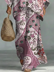 Women's Vintage Floral Art Comfortable Loose Cotton Linen Wide-leg Pants Two-piece Set