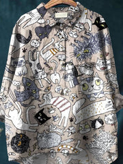 Funny Cat Art Print Casual Cotton And Linen Shirt