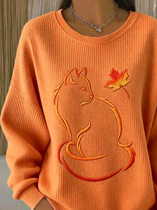 Casual Cat Crew Neck Long Sleeve Sweatshirt