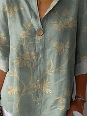 Women's Vintage Floral Art Print Casual Cotton Linen Shirt