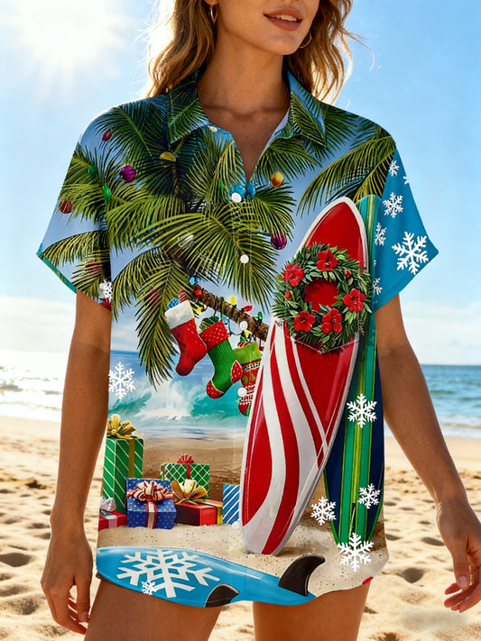 Women's Moisture-wicking   Beach Vacation Coconut Tree Surfboard Chest Bag Hawaiian shirt