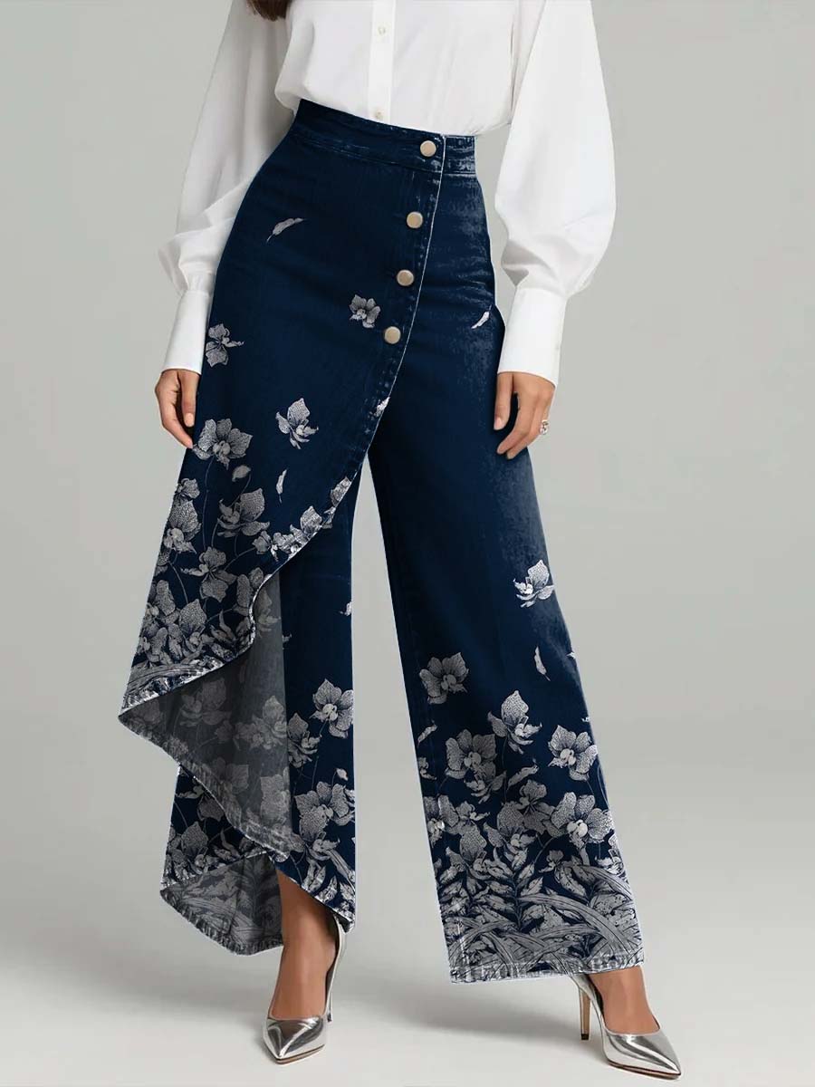 Women's Floral Art Print High-waisted Relaxed Fit Wide-leg Jeans With A Stylish Design.