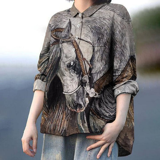 Women's Crying Horse Print Casual Cotton And Linen Shirt