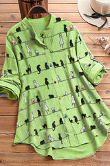 Cartoon Cat Print Buttons Long Sleeves Blouse