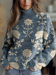 Women's Vintage Lovely Floral Art Print Knit Turtleneck Pullover Sweater