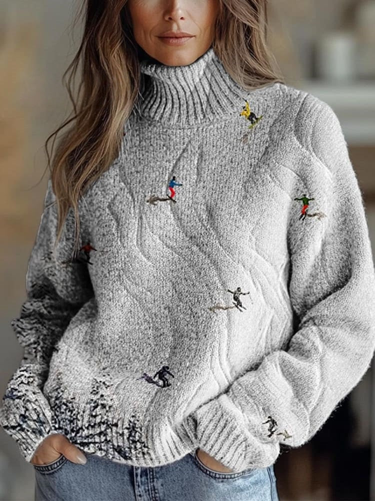 Women's Ski Painting Art Print Knit Turtleneck Pullover Sweater RM014