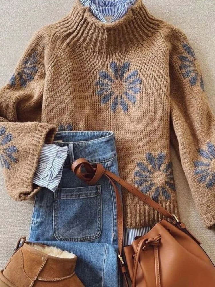 Women's Lovely Floral Art Print Knit Turtleneck Pullover Sweater