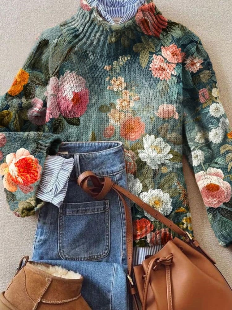 Vintage Floral Art Print Knit Turtleneck Pullover Sweater