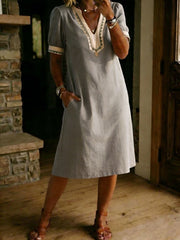 Casual Loose-fitting Patchwork Lace Trim Linen And Cotton Short-sleeved Dress