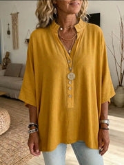 Women's Solid-color V-neck Short sleeve Casual Loose Cotton-linen Top