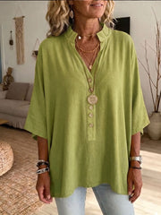 Women's Solid-color V-neck Short sleeve Casual Loose Cotton-linen Top